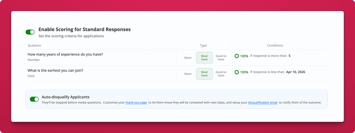 Auto-disqualification setup showing scoring criteria that stop unqualified candidates before video questions