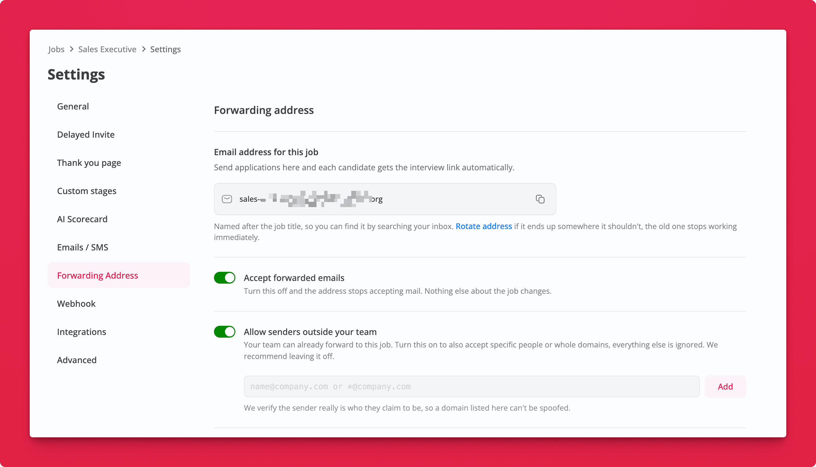 The Forwarding Address tab in Hirevire job settings, with the job's email address, the Accept forwarded emails toggle, and the field for adding senders outside the team