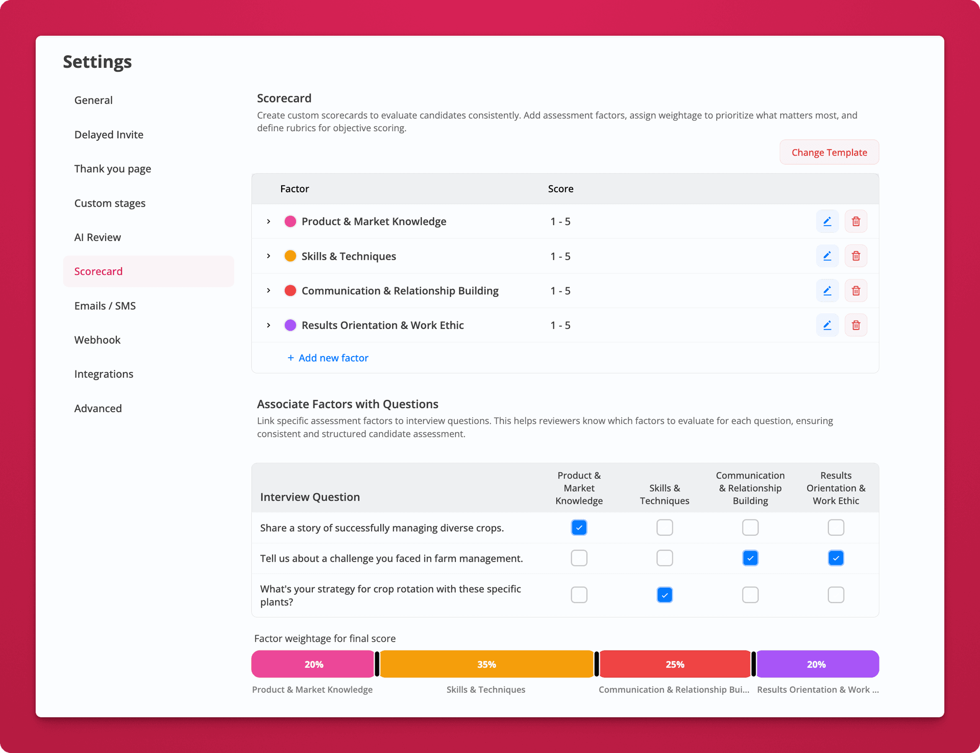 AI scorecard setup with weighted evaluation criteria