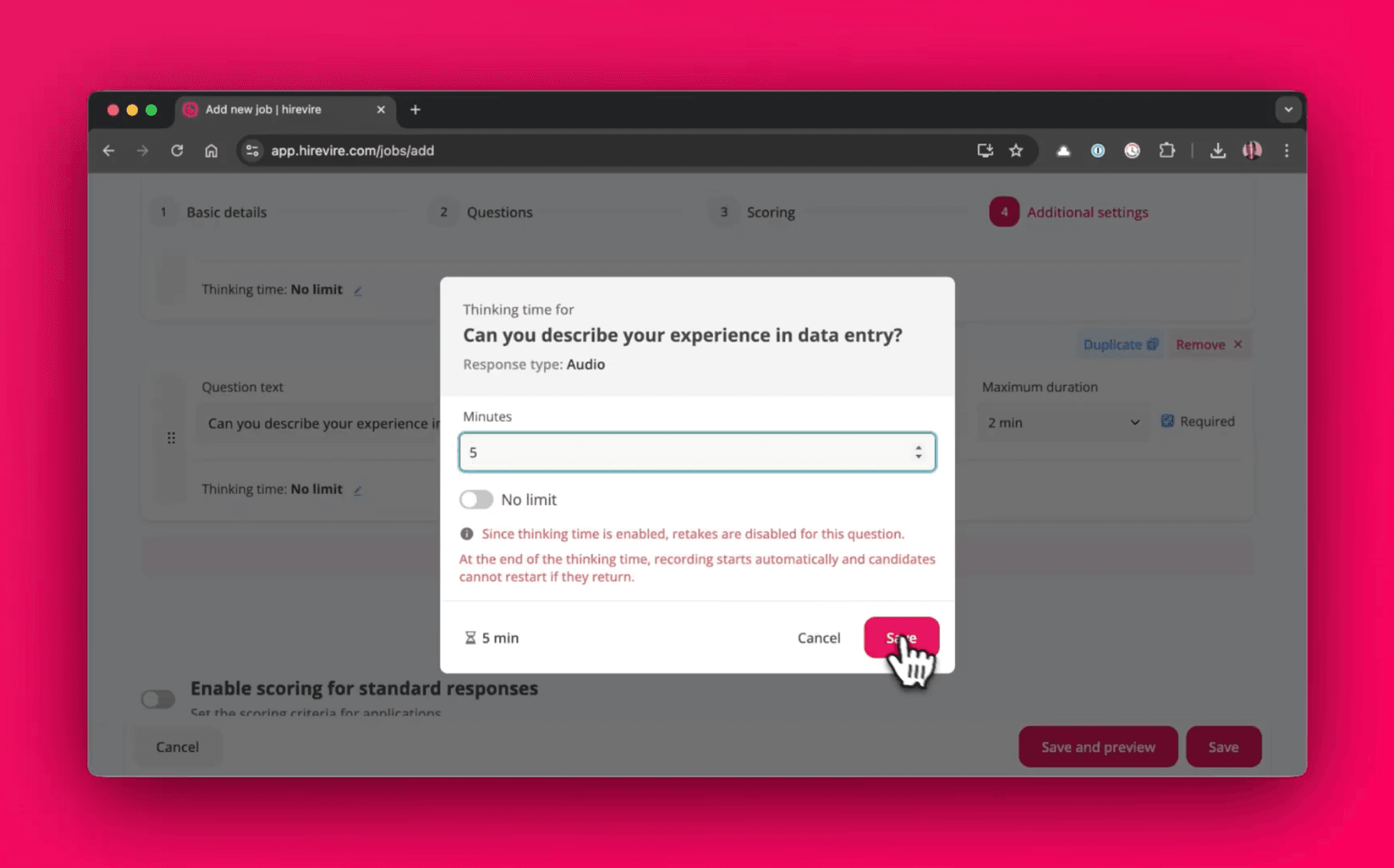 Hirevire job editor setting thinking time to 5 minutes on an audio question