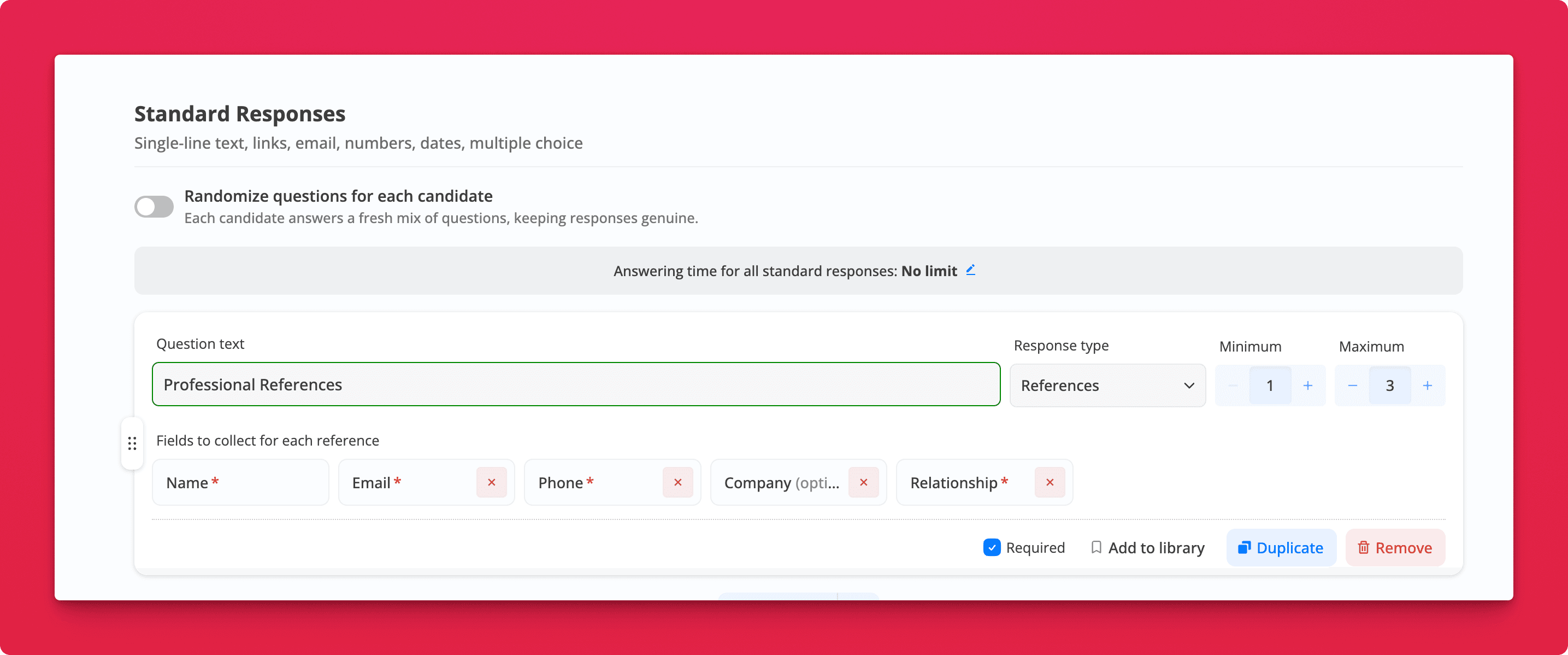 A Professional References question in Hirevire's Standard Responses with the References response type, a minimum of 1 and maximum of 3, and Name, Email, Phone, Company (optional), and Relationship as the fields to collect