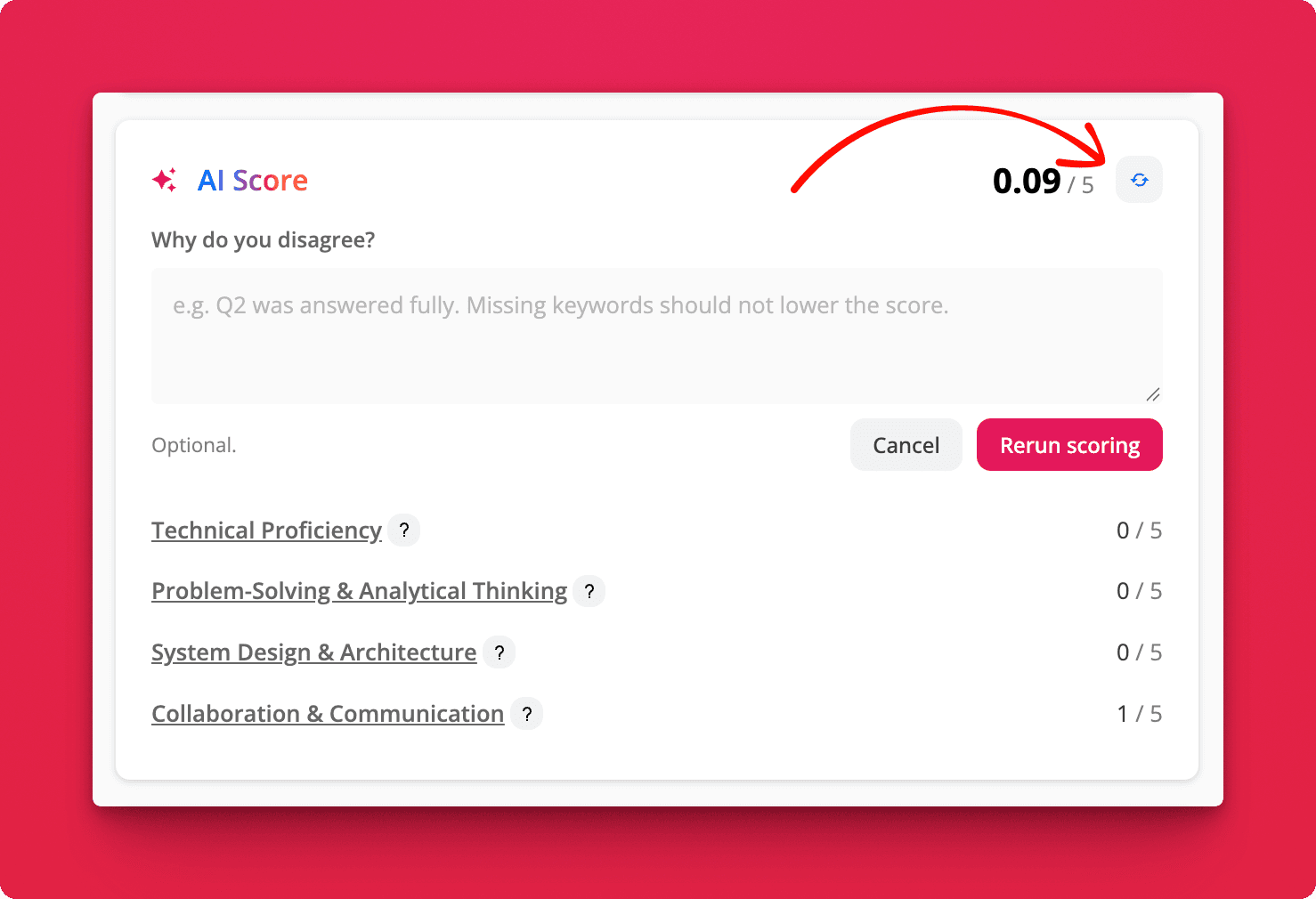 The AI Score card on a Hirevire application with the refresh icon clicked, showing a Why do you disagree? note field and a Rerun scoring button