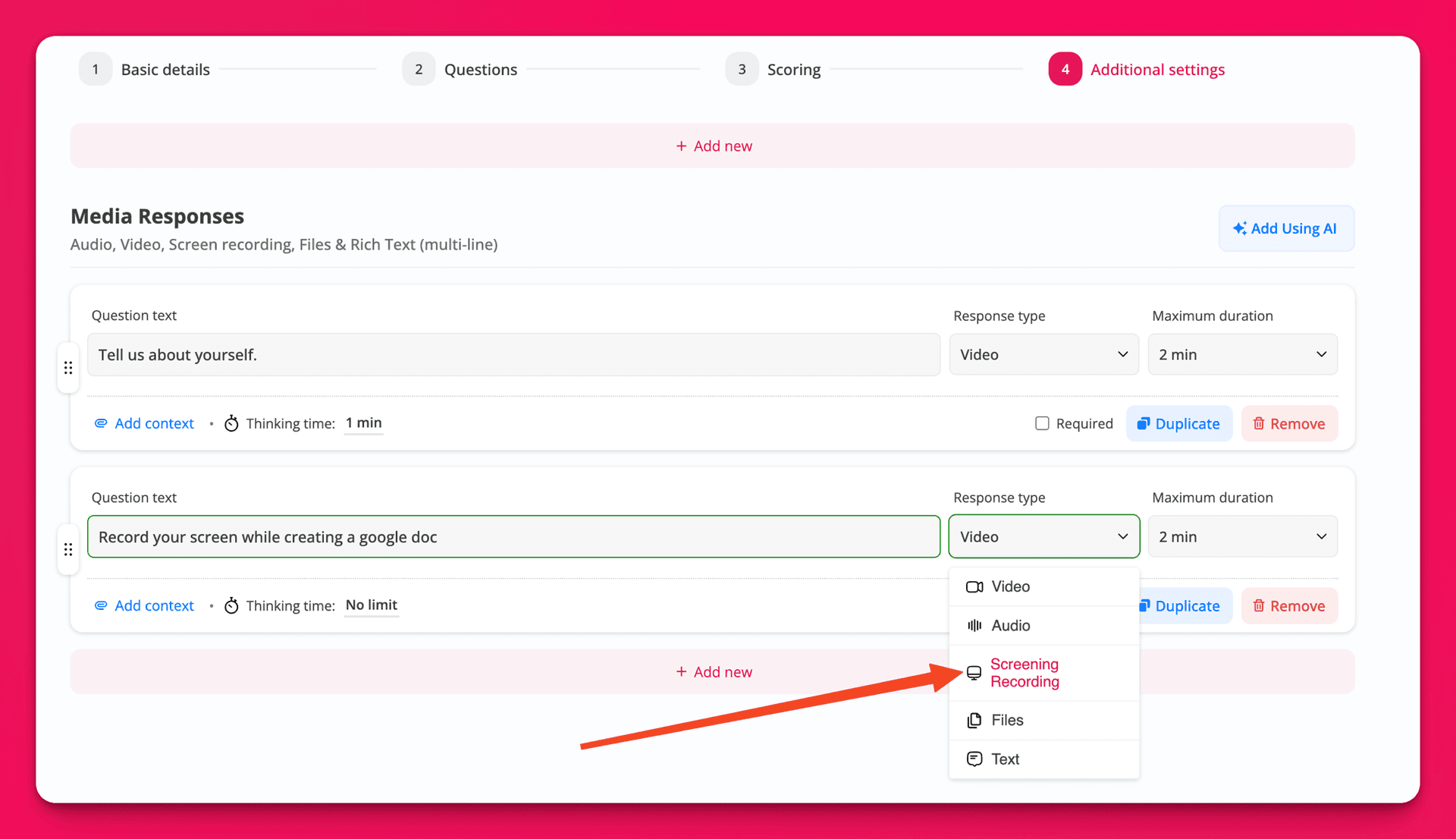 Selecting Screen Recording as the response type for a Hirevire prescreen question
