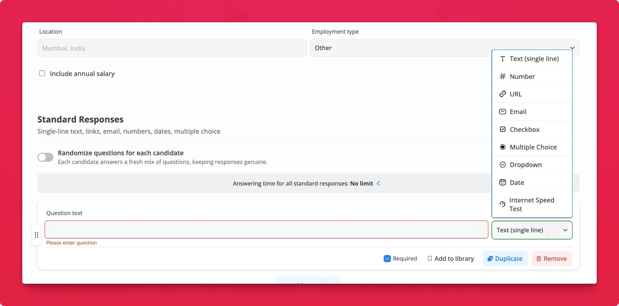 The Standard Responses section of the Hirevire job editor with the response type dropdown open, listing all nine types from single-line text to internet speed test