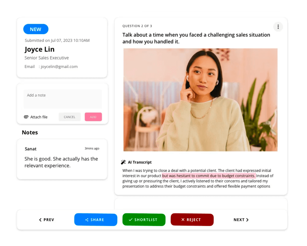 Candidate recording a video interview on Hirevire