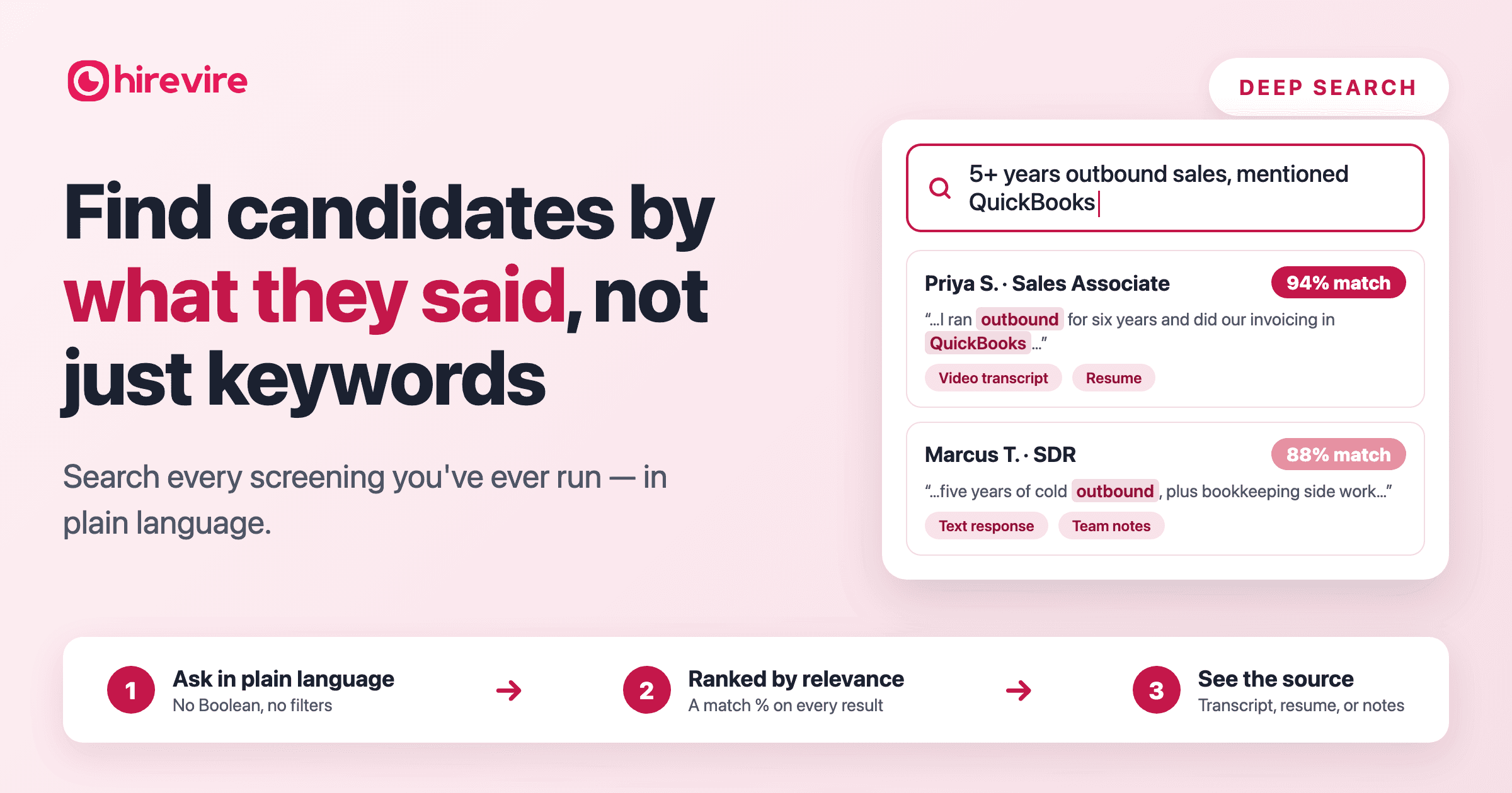 Deep Search — find candidates by what they said: type a plain-language query and get ranked matches with relevance scores and match sources