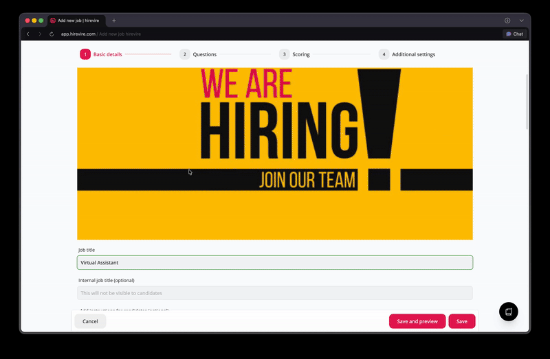 Hirevire app showing screening question creation interface