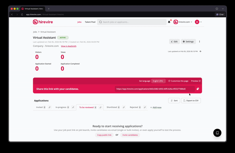 Dashboard showing application link sharing and analytics